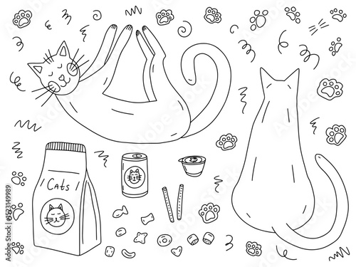 Hand drawn cats and cat food vector set