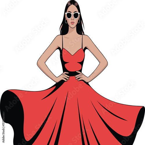 Stylish woman in red dress posing gracefully with white sunglasses elegant fashion illustration