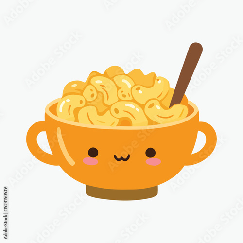 Adorable kawaii cartoon illustration of macaroni and cheese in smiling bowl with spoon