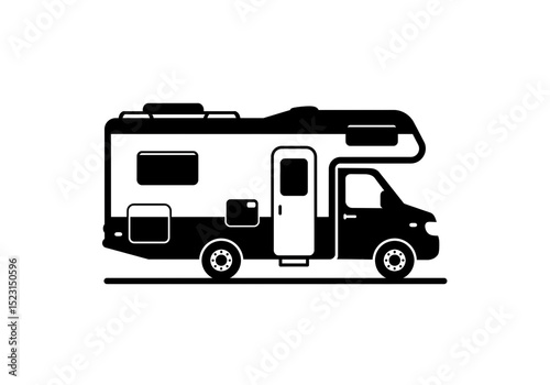 A black and white graphic of a recreational vehicle with a door and two windows on a white background