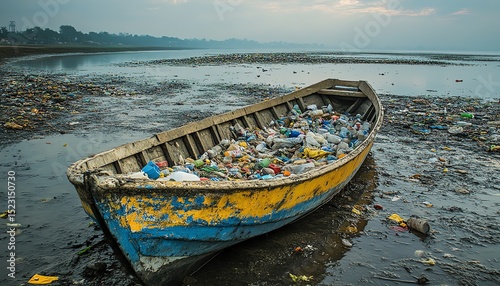 Abandoned boat filled with discarded waste