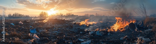 Abandoned trash fire smoldering in field