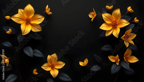Gorgeous radiant blooms with shadowy foliage set against a deep obsidian backdrop. Enchanting enigmatic theme. Sophisticated affection and ardor floral vision. 3D rendered artwork., colorful. White 