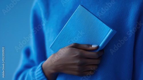 Close-up of a person's hand holding a blue book. the hand is positioned in a way that the person is holding the book with both hands.