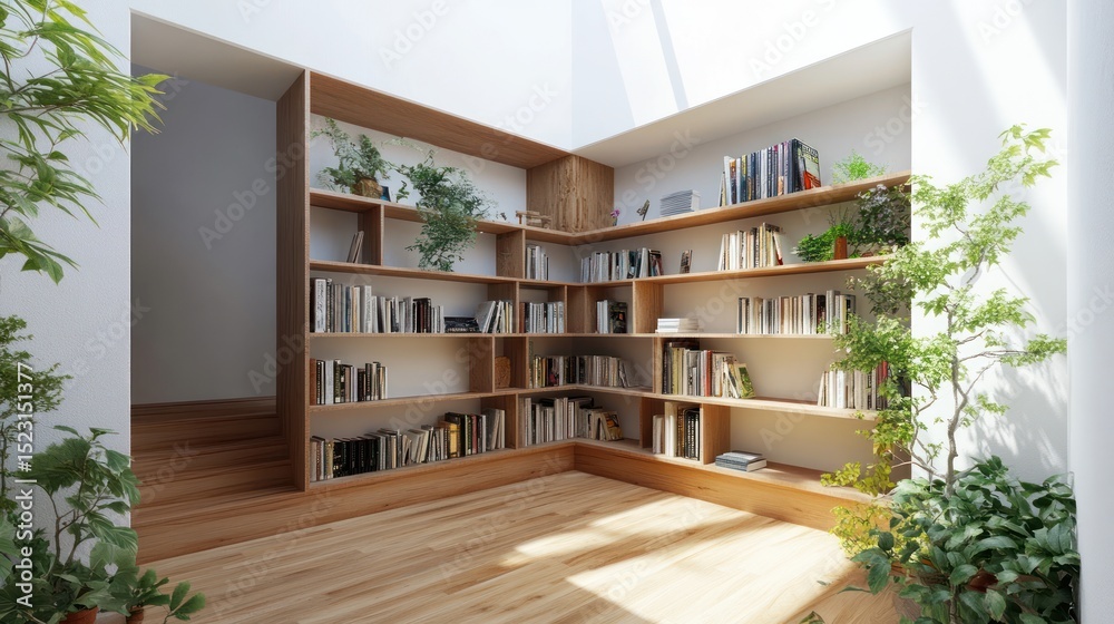 Fototapeta premium Modern corner bookcase in a sunlit room