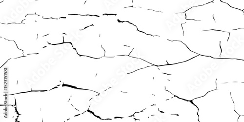 Create a high-contrast black and white image of a network of fine cracks on a white surface. The cracks should appear as thin, irregular black lines branching and intersecting across the frame, 