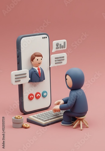 Cybersecurity Threat Hacker Accessing Data Through Mobile Video Call