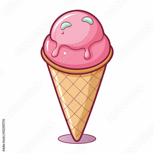 Cute cartoon illustration of a pink strawberry ice cream cone on a white background