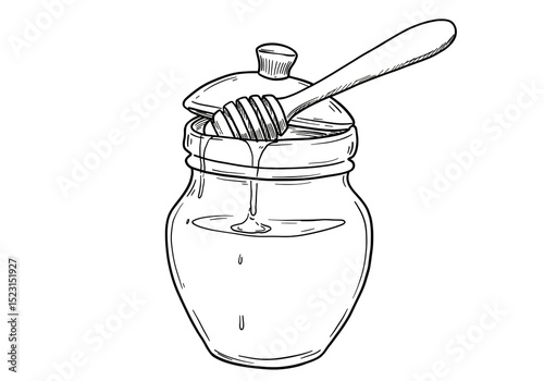 A detailed black and white sketch of a honey jar with a dipper and lid resting on top of the jar edge