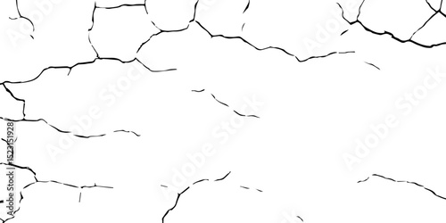 Create a high-contrast black and white image of a network of fine cracks on a white surface. The cracks should appear as thin, irregular black lines branching and intersecting across the frame, 