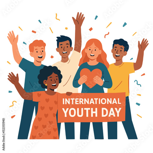 Group of diverse young people joyful celebrating International Youth Day with heart symbol and banner on white background