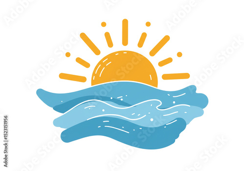 A cartoon illustration of a sun rising over ocean waves against a white background in bright colors