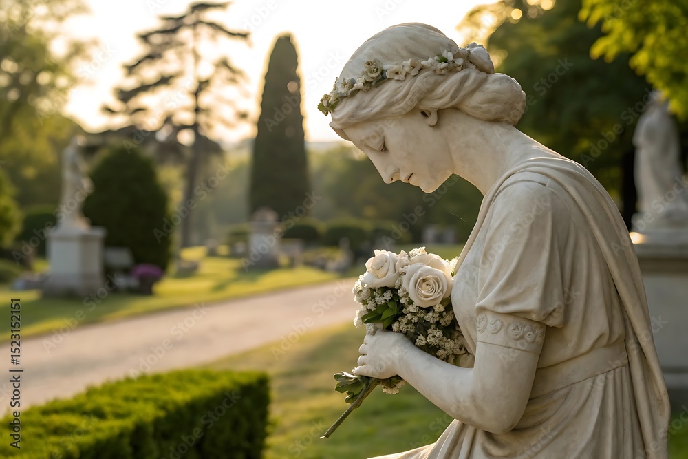 Fototapeta premium Serene Sculpture A Marble Angel in a Peaceful Cemetery Garden