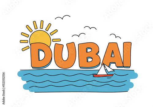 A cartoon illustration of dubai with a sun, sea, sailboat, and birds on a white background design