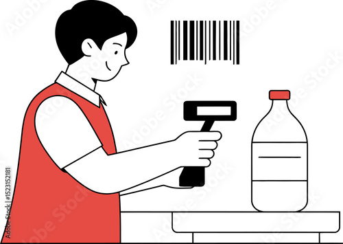 Illustration of a cashier scanning a product barcode at checkout in a store or supermarket setting editable stock vector illustration