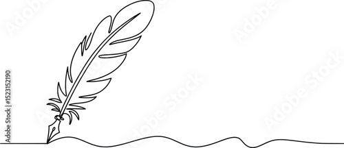 Quill Pen Line Art, Feather Writing Ink Drawing Minimalist Illustration.