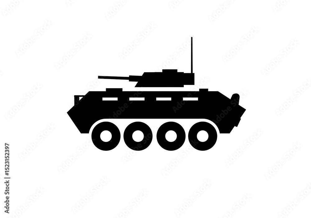 Fototapeta premium A black silhouette of an armored vehicle with a turret and four wheels on a white background image view