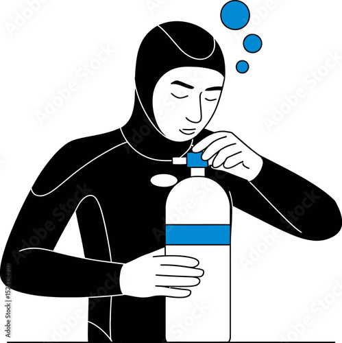 Diving scuba gear check illustration diver preparing equipment underwater sport activity safety measures gas tank editable stock vector illustration