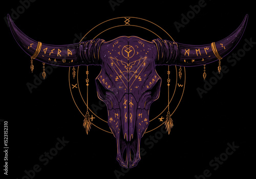 Illustration of a decorated bull skull with runes and lit candles on a black background art piece