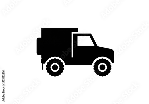 A black silhouette of a four wheel drive vehicle with a covered back on a white background plain style