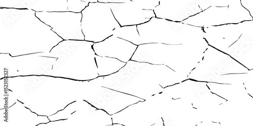 Create a high-contrast black and white image of a network of fine cracks on a white surface. The cracks should appear as thin, irregular black lines branching and intersecting across the frame, 