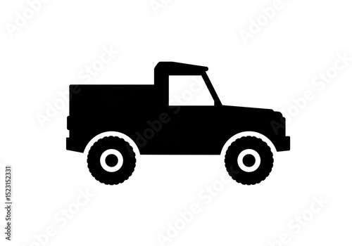 A black silhouette of a pickup truck with large tires on a white background in a simple vector style