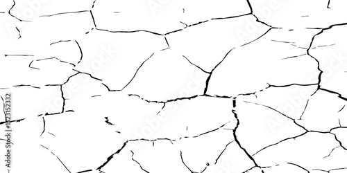 A stark, high-contrast, black and white texture image depicting a pattern of cracks, resembling distressed paint,shattered glass,or parched earth.The background is pure white,and the cracks are sharp.