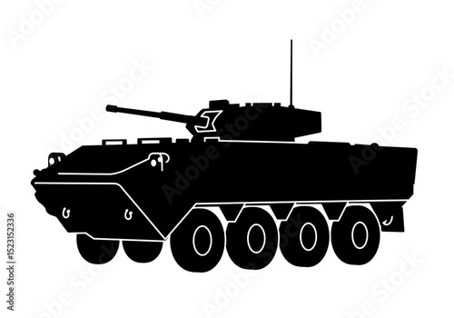A black silhouette of an armored personnel carrier with a turret on a white background side view