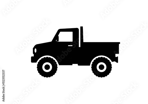 Illustration of a black pickup truck with large tires on a white background in a simple style