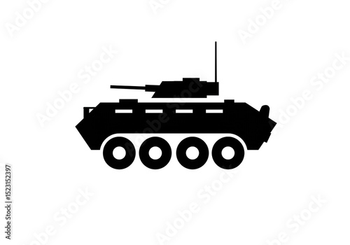 A black silhouette of an armored vehicle with a turret and four wheels on a white background image view