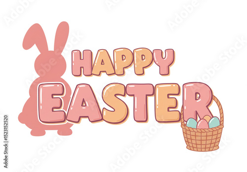 A cartoon yellow chick holding a decorated easter egg next to happy easter text on a white background