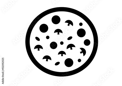 A stylized black and white illustration of a pizza with mushrooms and pepperoni in a circular frame