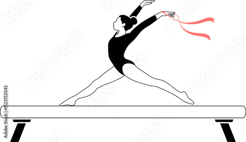 Illustration of rhythmic gymnast performing on balance beam with ribbon artistic gymnastics vector art editable stock vector illustration