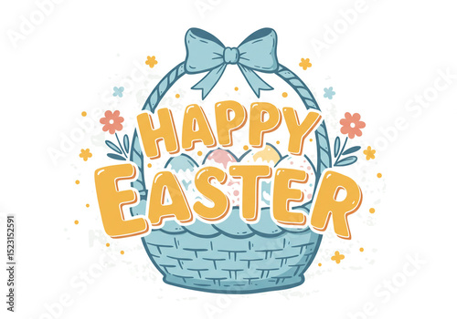 Happy easter text with pink bunny silhouette and a basket filled with easter eggs on white background