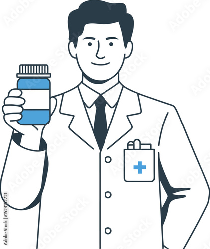 Doctor holding medicine bottle healthcare professional prescription medication pharmacist health care 100 editable stock vector illustration