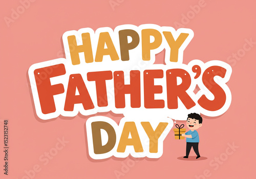 Happy father's day text with cartoon boy holding gift box on a light pink background illustration