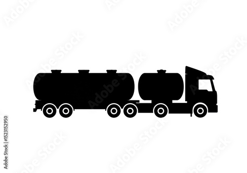 A black silhouette of a semi truck with two tanker trailers on a white isolated background view from the side