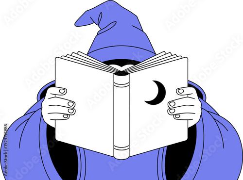 Wizard reading spellbook illustration vector art magic fantasy sorcerer study knowledge occult moon book hat robe editable stock vector illustration
