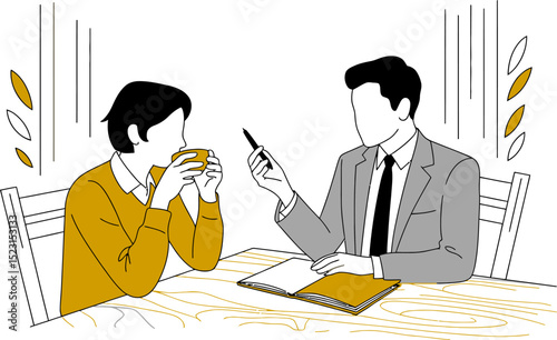 Illustration of business meeting with coffee and notebook discussion at table for consultation design editable stock vector illustration