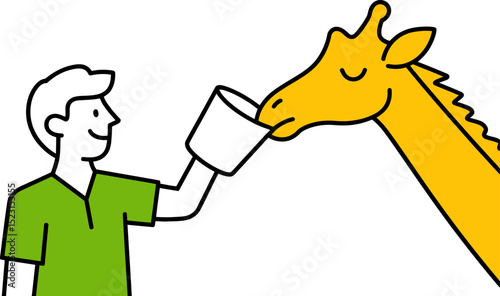 Illustration of man feeding giraffe water from cup, cartoon drawing, animal care, zoo, vector graphic editable stock vector illustration