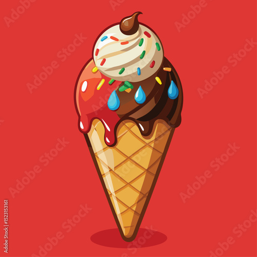 Delicious cartoon ice cream cone with sprinkles and chocolate drizzles on a red background