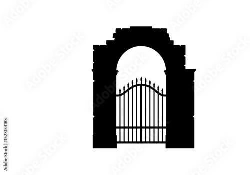 Vintage Iron Gate Silhouette within Stone Archway