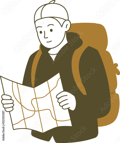 Illustration of hiker with backpack reading map planning adventure travel and outdoor exploration trip plan editable stock vector illustration