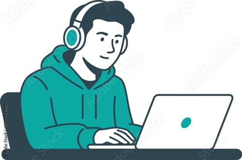 Illustration of a student studying online with laptop and headphones for remote learning and education editable stock vector illustration