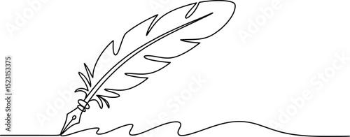 Quill Pen Line Art, Feather Writing Ink Drawing Minimalist Illustration.