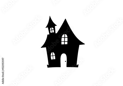 A silhouette of a spooky haunted house with pointed roofs and windows on a white background image