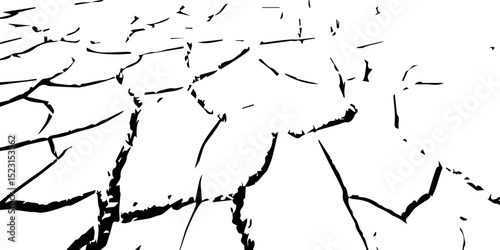 "Create an abstract pattern resembling a dry, barren landscape, with prominent black cracks against a bright white background, viewed from a slightly elevated perspective."
