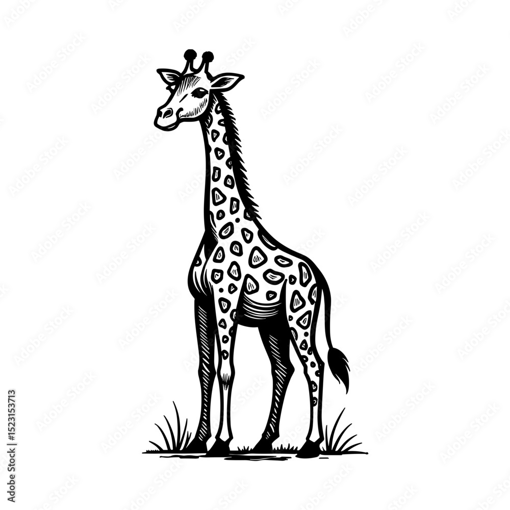 Obraz premium Cartoon giraffe with long neck and spotted body in black and white style for kids' safari themes and educational prints - friendly wild animal