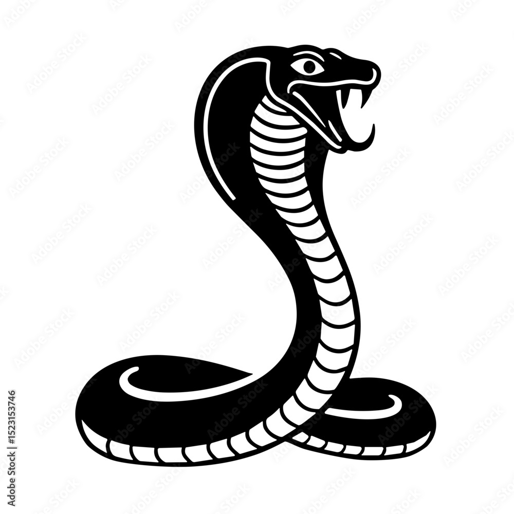 Fototapeta premium Black and white cartoon cobra snake with hood spread in a striking pose for children’s reptile illustrations and animal stories - jungle predator - dangerous wildlife