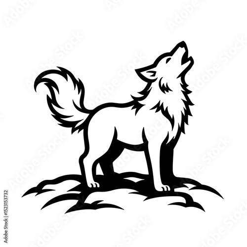 Cartoon wolf howling on a rock in black and white illustration style for kids’ stories and forest wildlife themes - night animal - wild predator